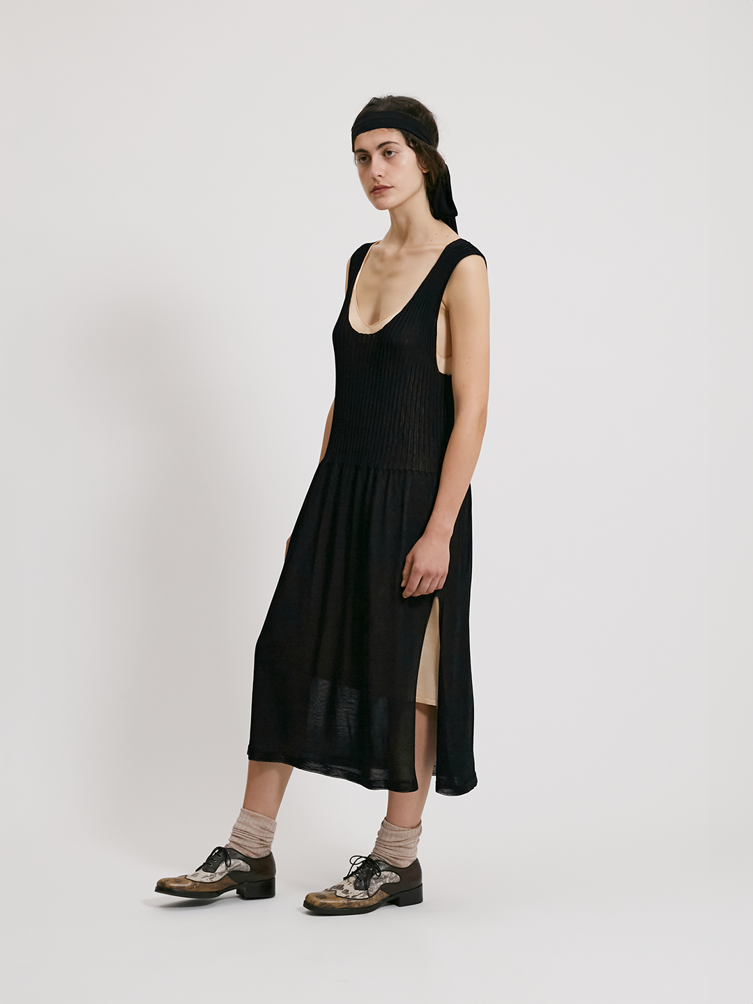 Viscose cami dress with ribbed top and side slit