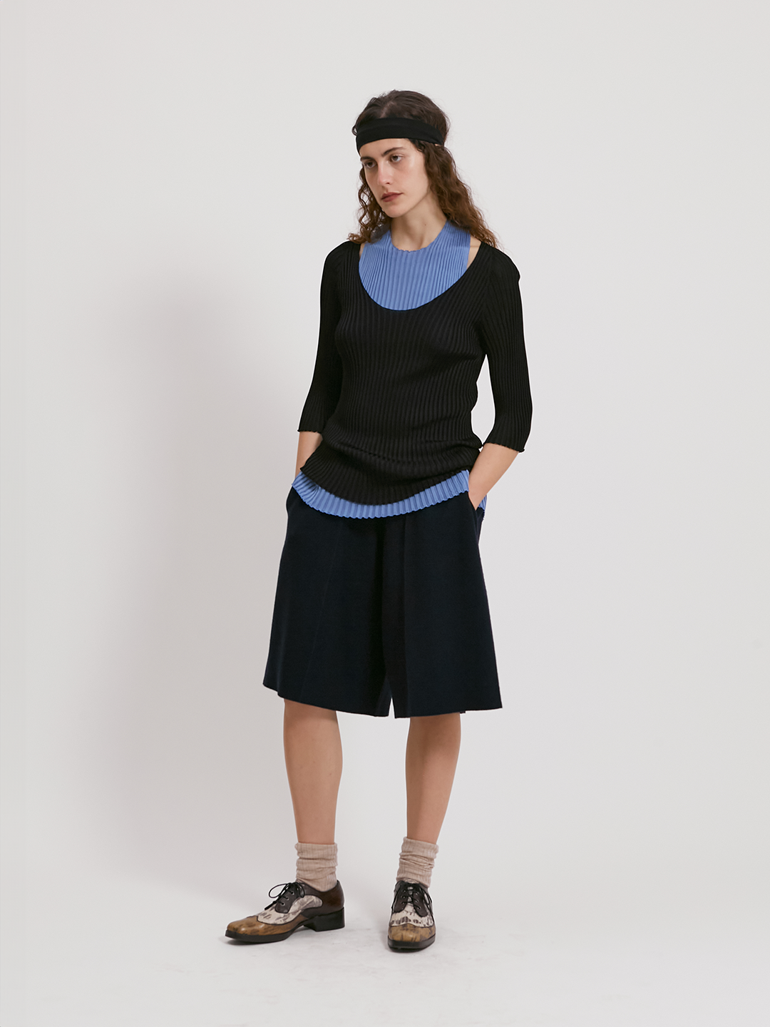 Viscose ribbed sweater with 3/4 sleeves and reversible necklines